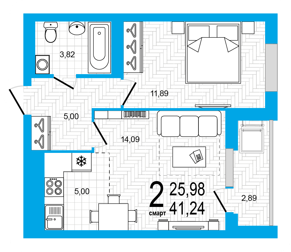 Планировка 2-комн. квартира 41.24 м²