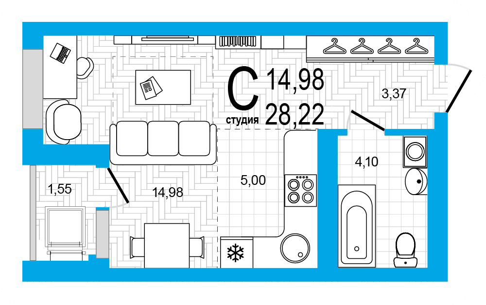 Планировка студия 28.22 м²