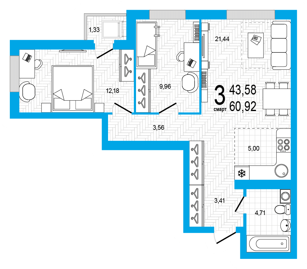 Планировка 3-комн. квартира 60.92 м²