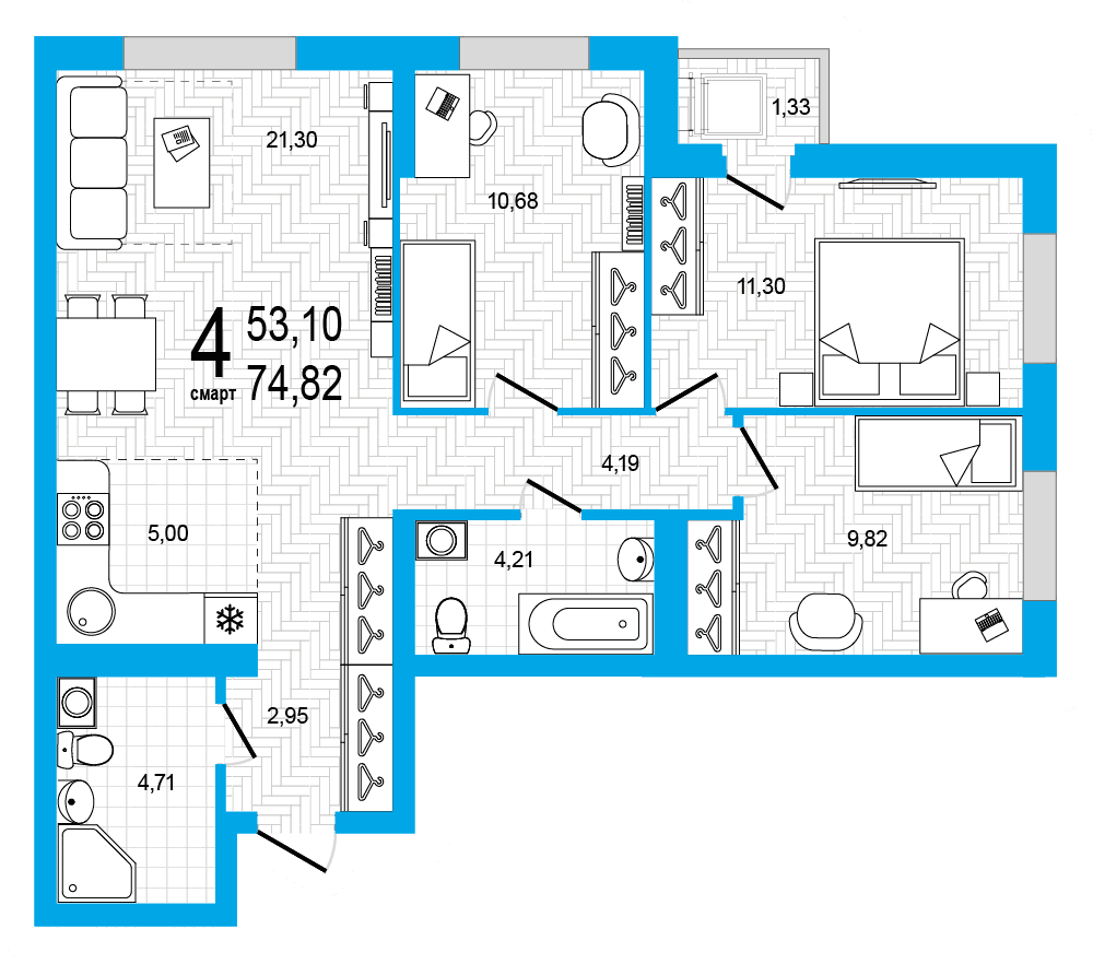 Планировка 4-комн. квартира 74.82 м²
