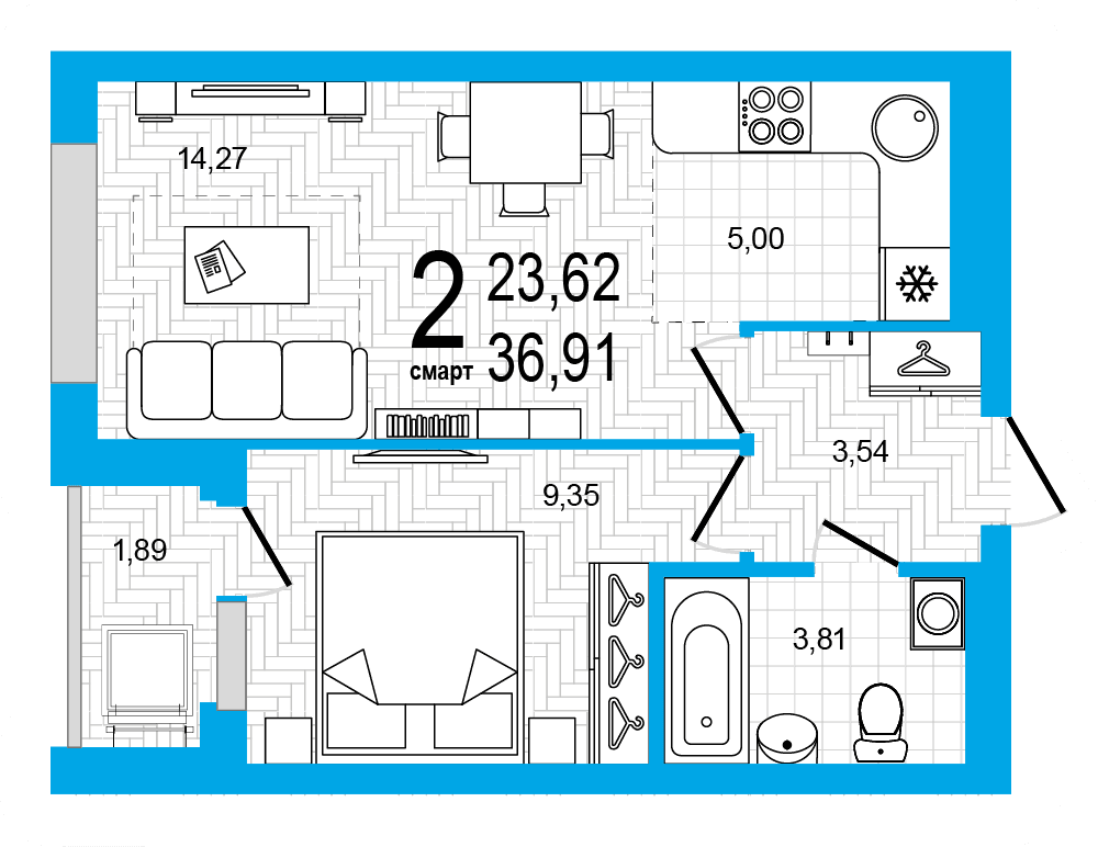 Планировка 2-комн. квартира 36.91 м²