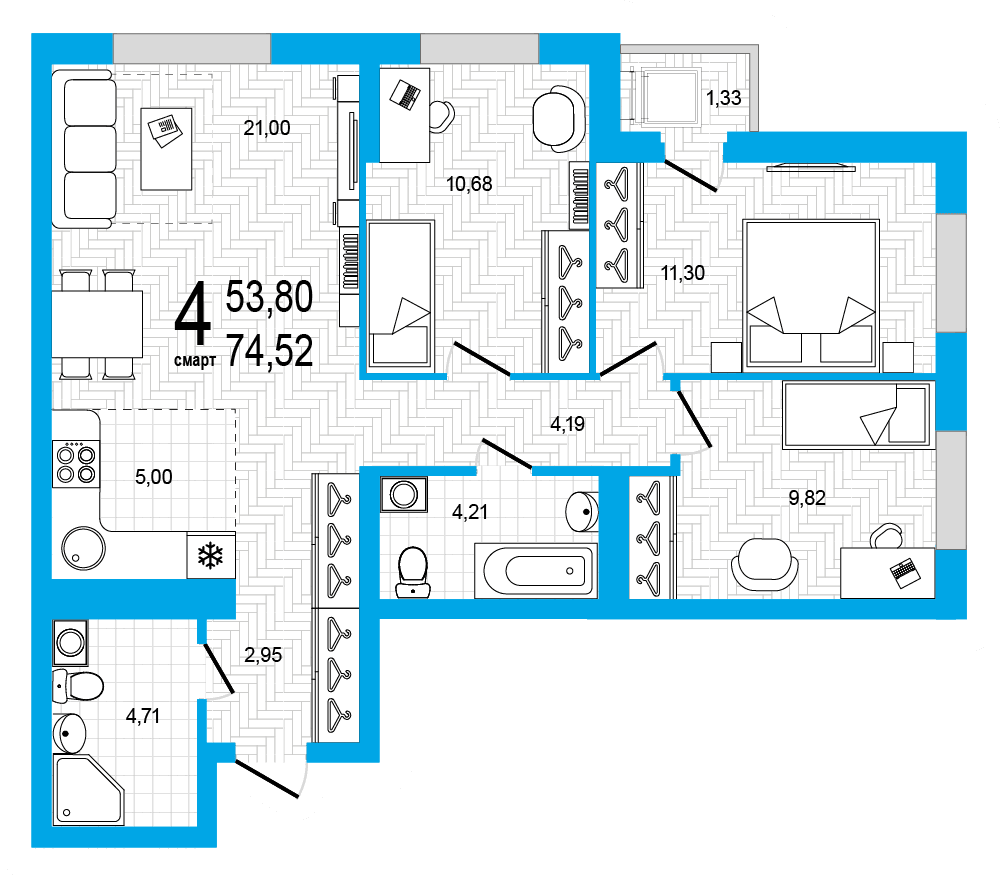 Планировка 4-комн. квартира 74.52 м²