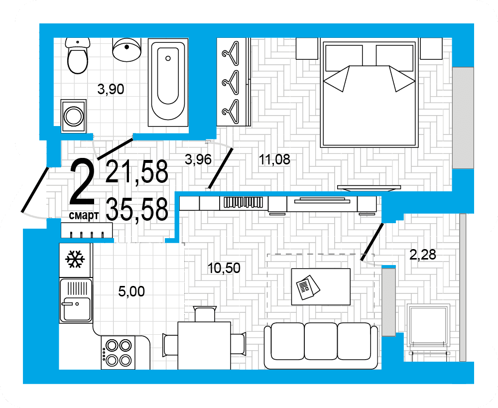 Планировка 2-комн. квартира 35.58 м²
