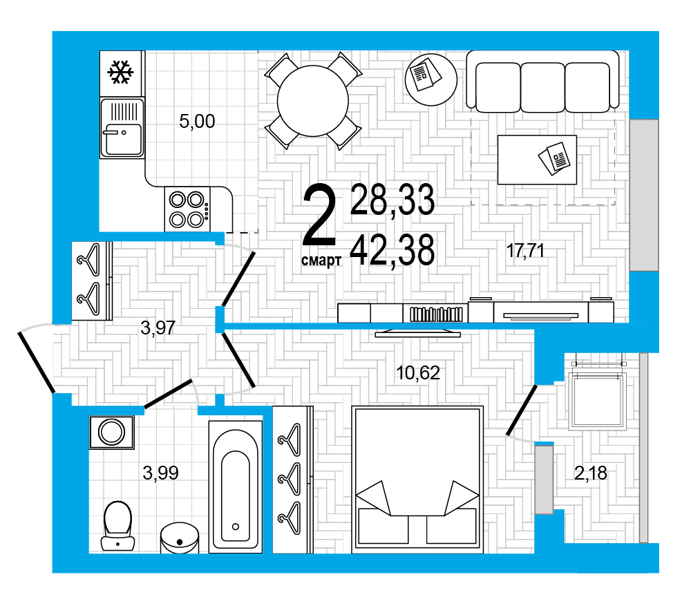 Планировка 2-комн. квартира 42.38 м²