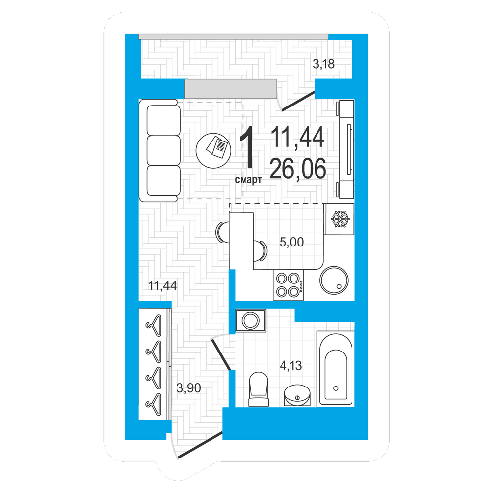 Планировка студия 26.06 м²