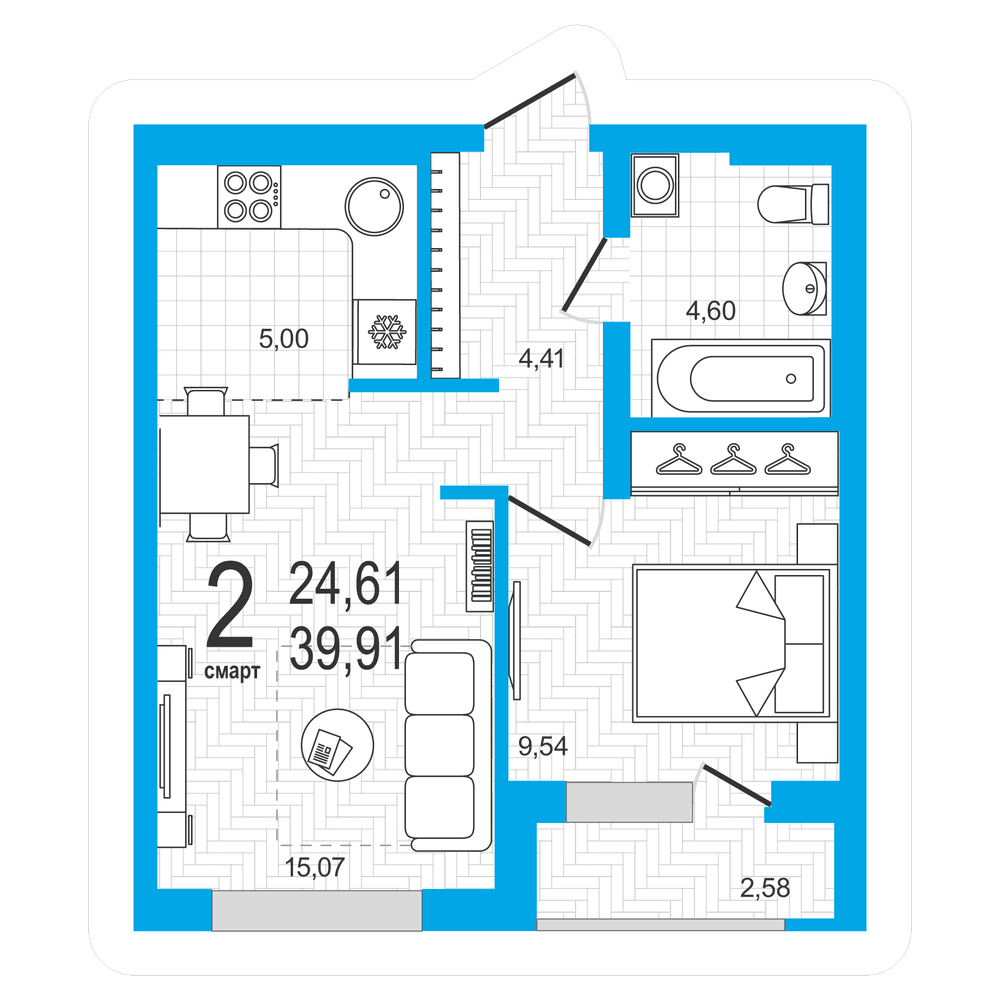 Планировка 2-комн. квартира 39.91 м²