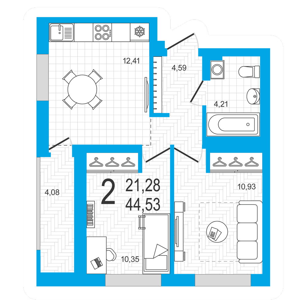 Планировка 2-комн. квартира 44.53 м²