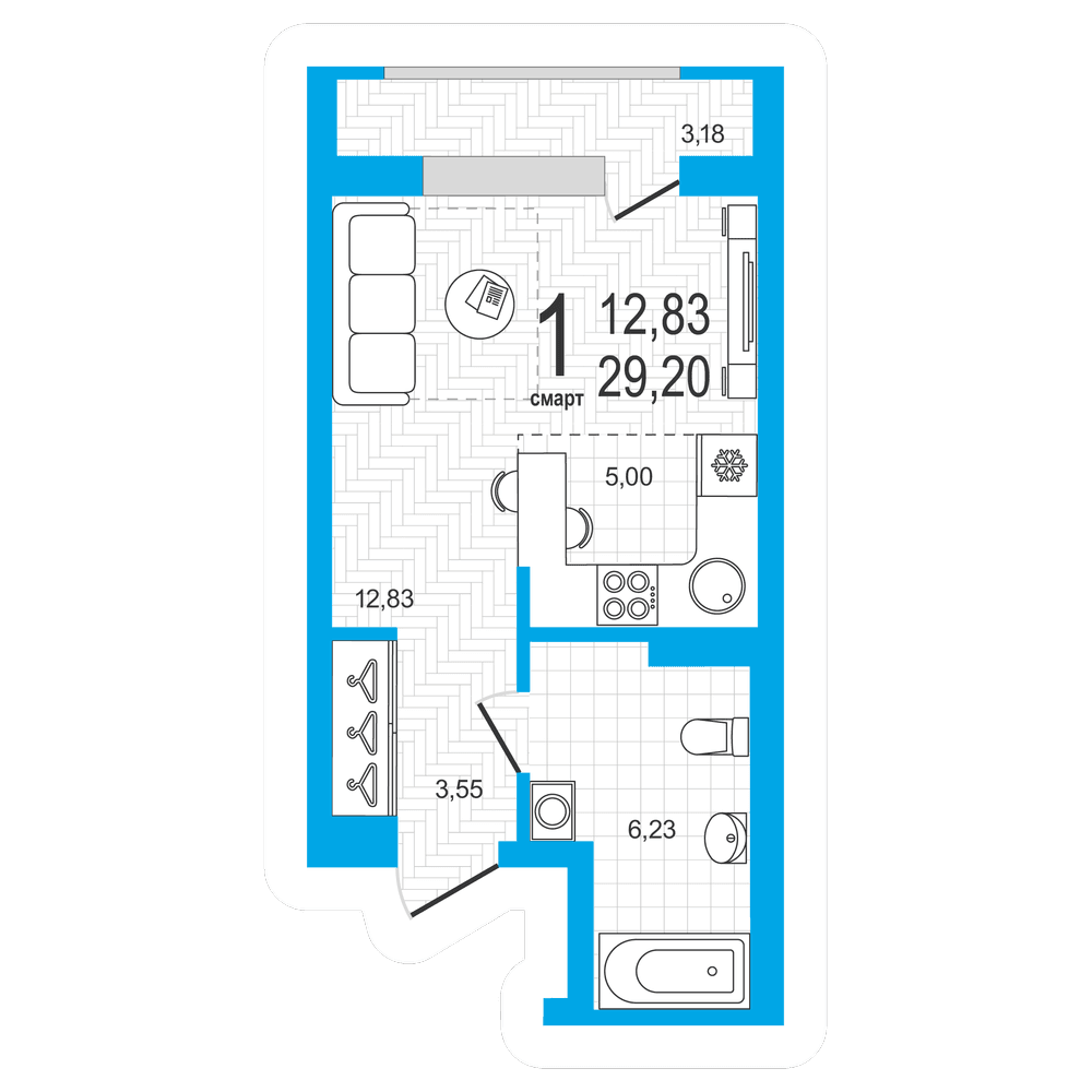 Планировка студия 29.2 м²