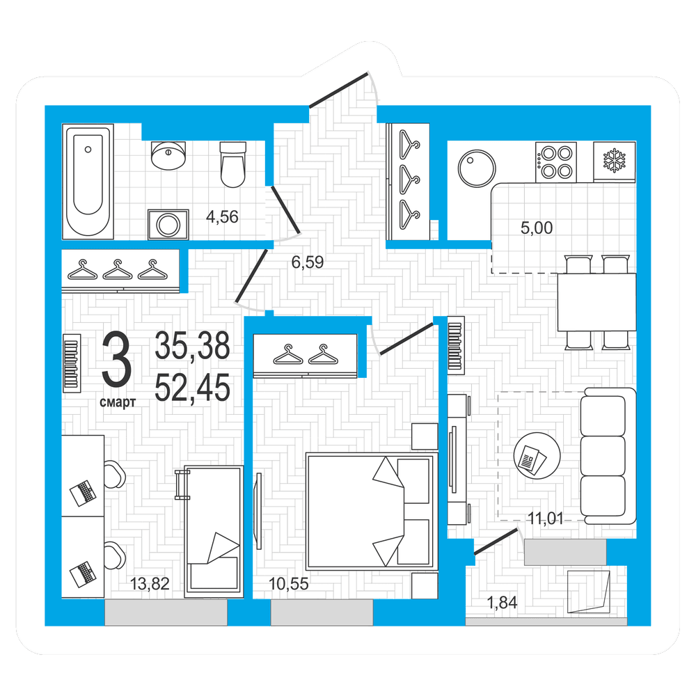 Планировка 3-комн. квартира 52.45 м²