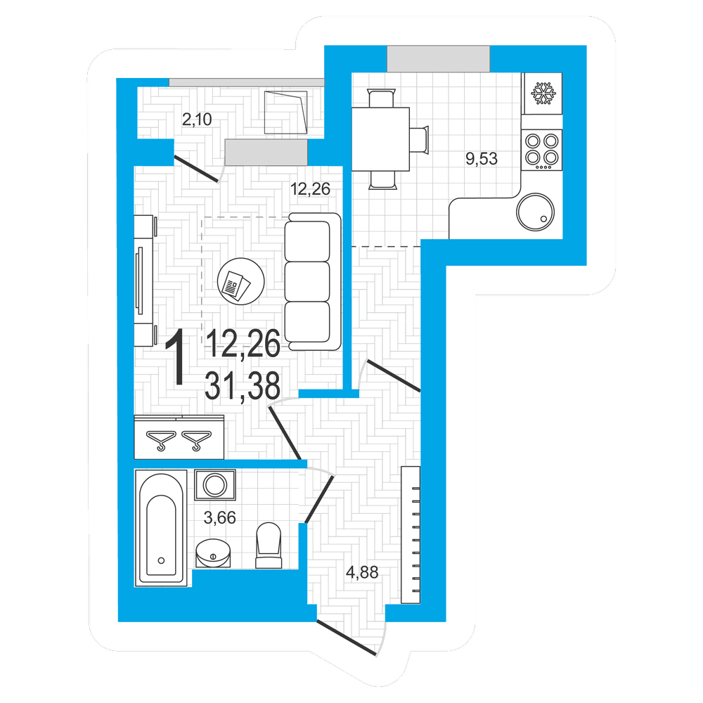 Планировка 1-комн. квартира 31.38 м²