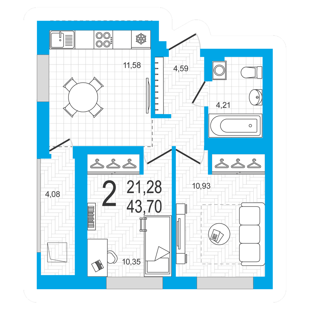 Планировка 2-комн. квартира 43.7 м²