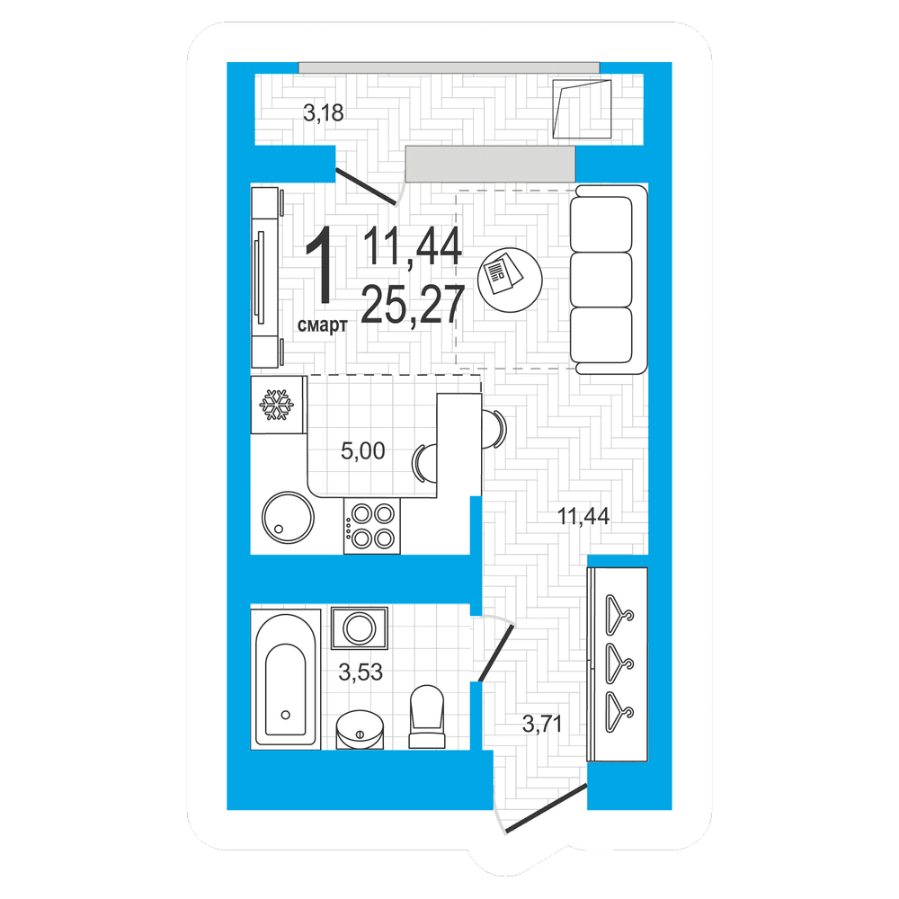 Планировка студия 25.27 м²