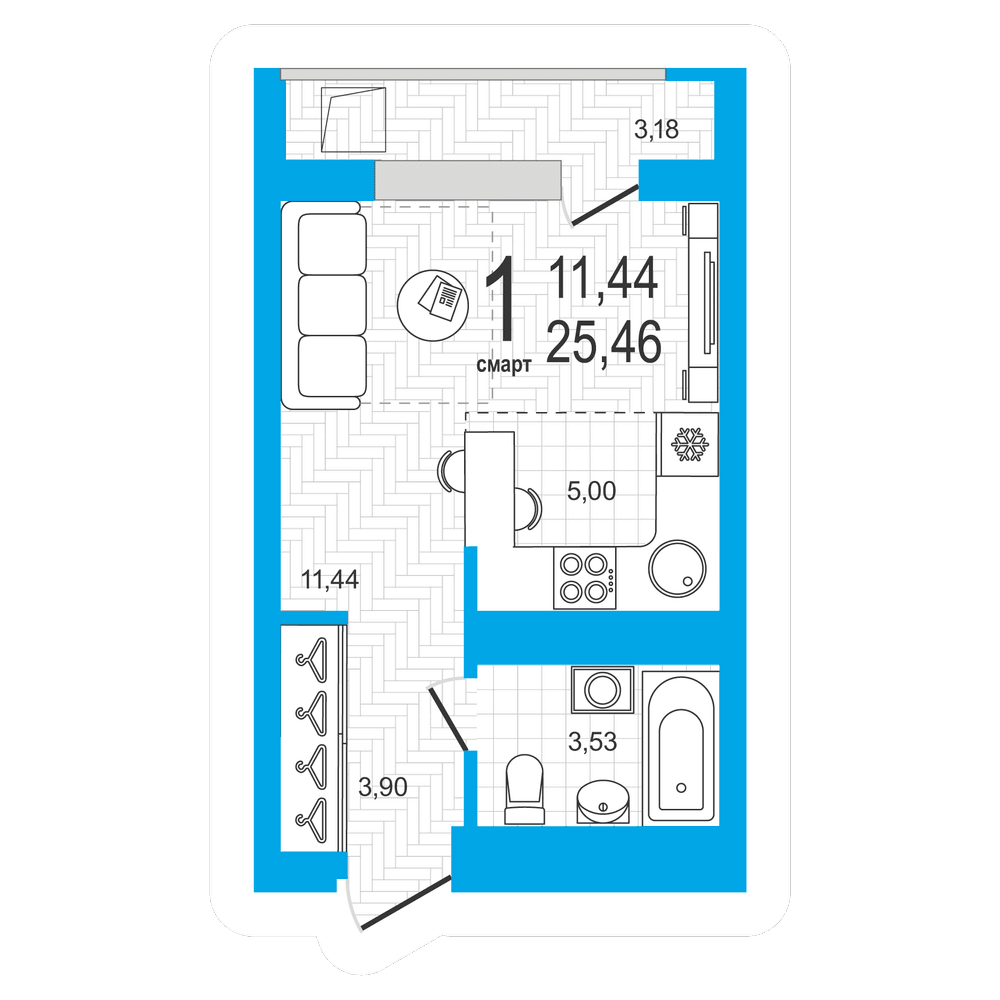 Планировка студия 25.46 м²