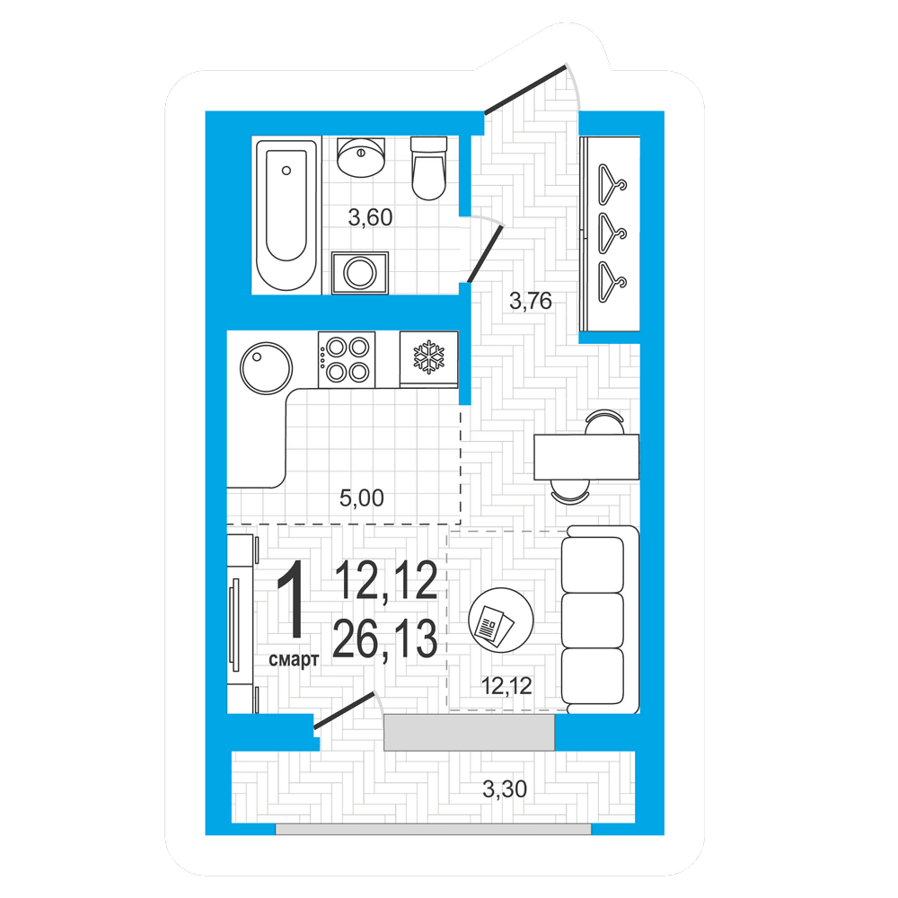Планировка студия 26.13 м²