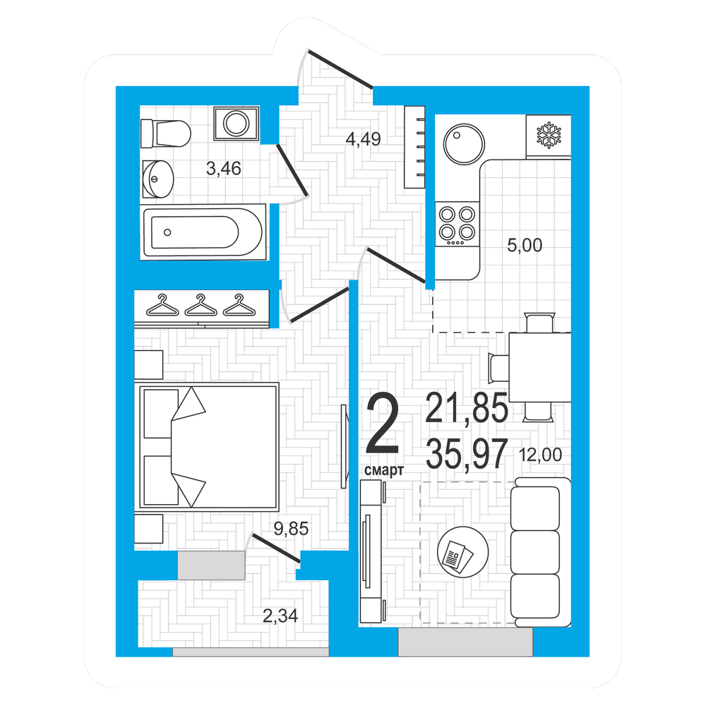 Планировка 2-комн. квартира 35.97 м²