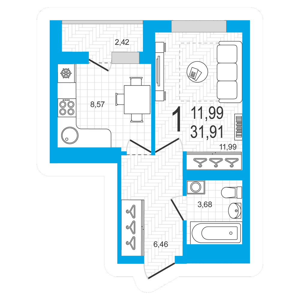 Планировка 1-комн. квартира 31.91 м²