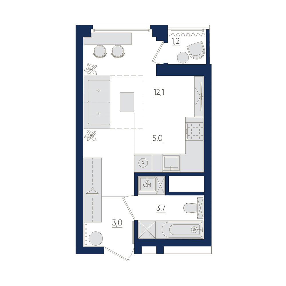 Планировка студия 24.4 м²