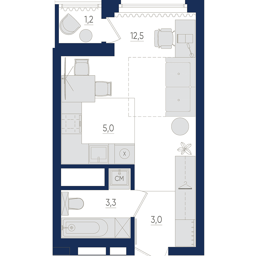 Планировка студия 24.4 м²