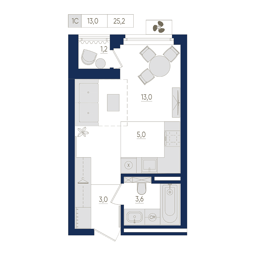 Планировка студия 25.2 м²