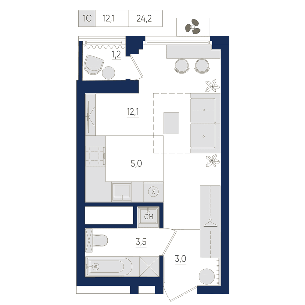 Планировка студия 24.2 м²