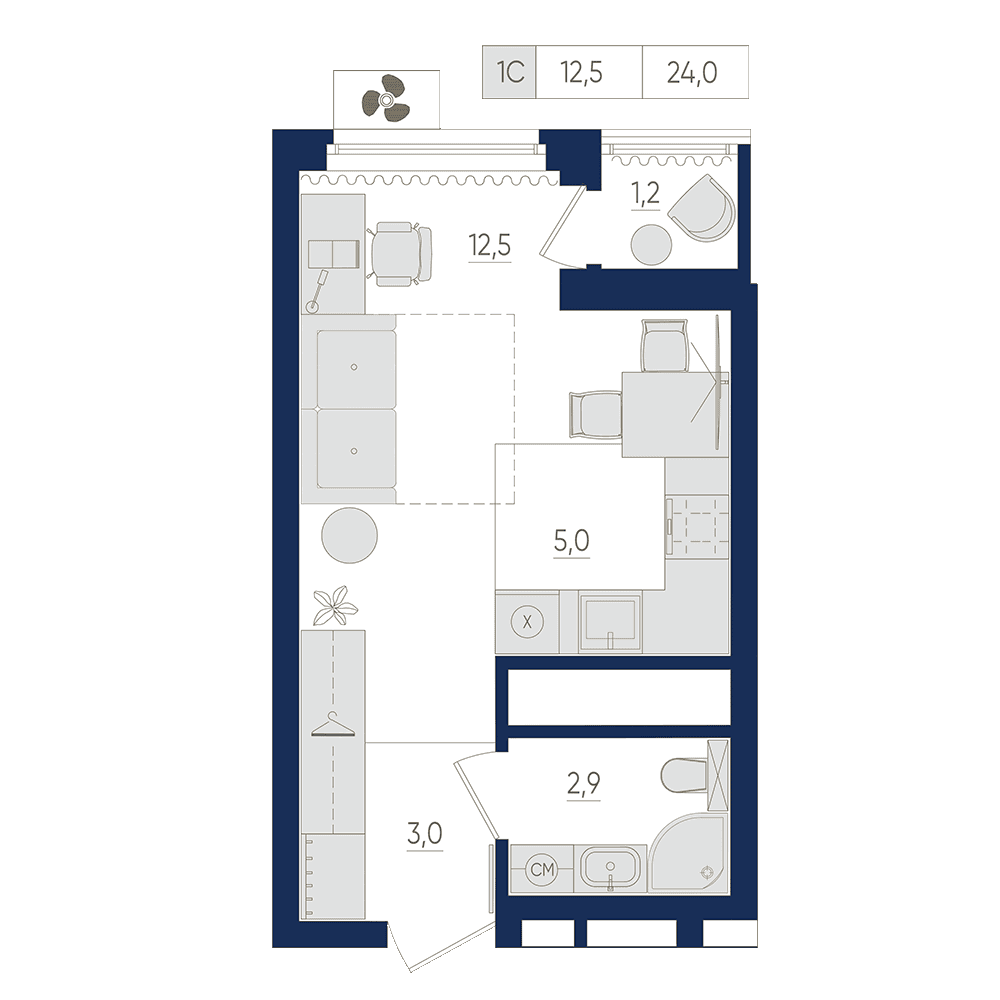 Планировка студия 24 м²