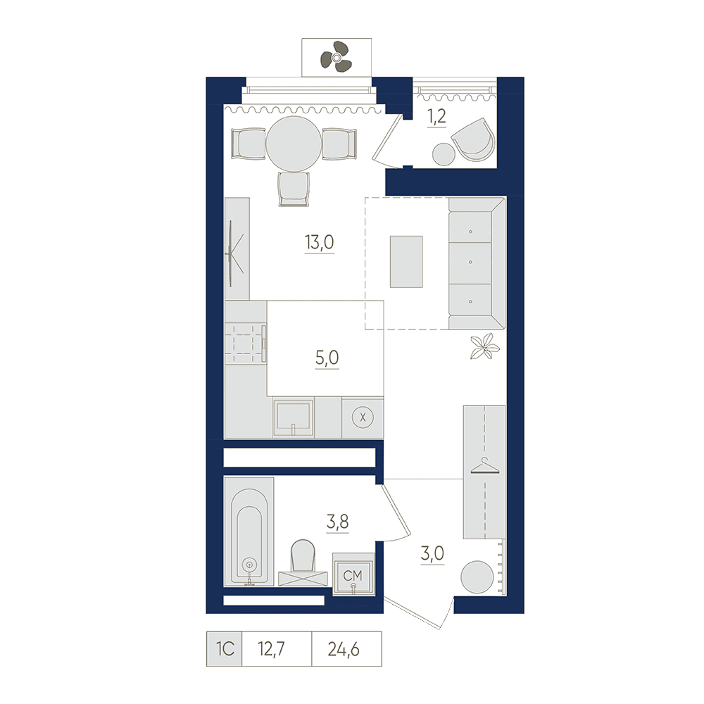 Планировка студия 24.6 м²