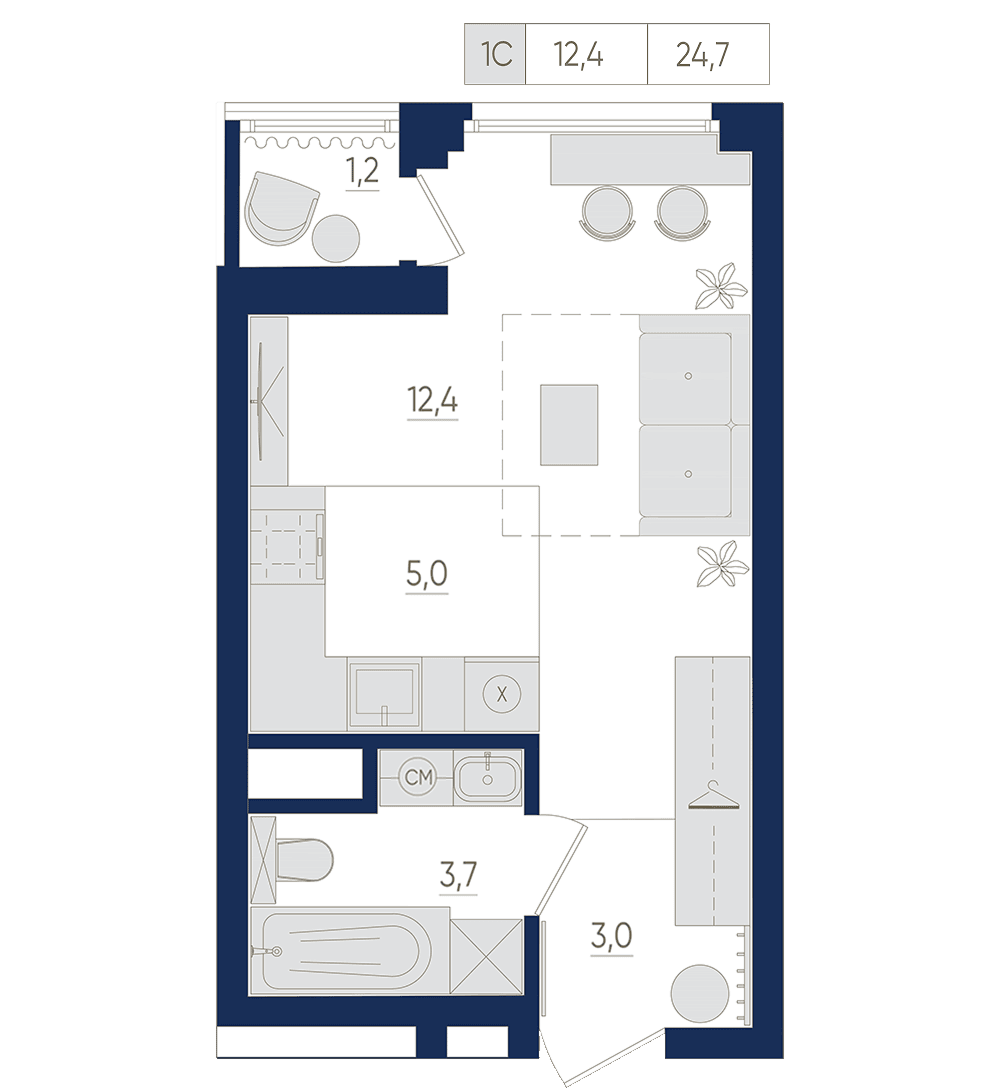 Планировка студия 24.7 м²