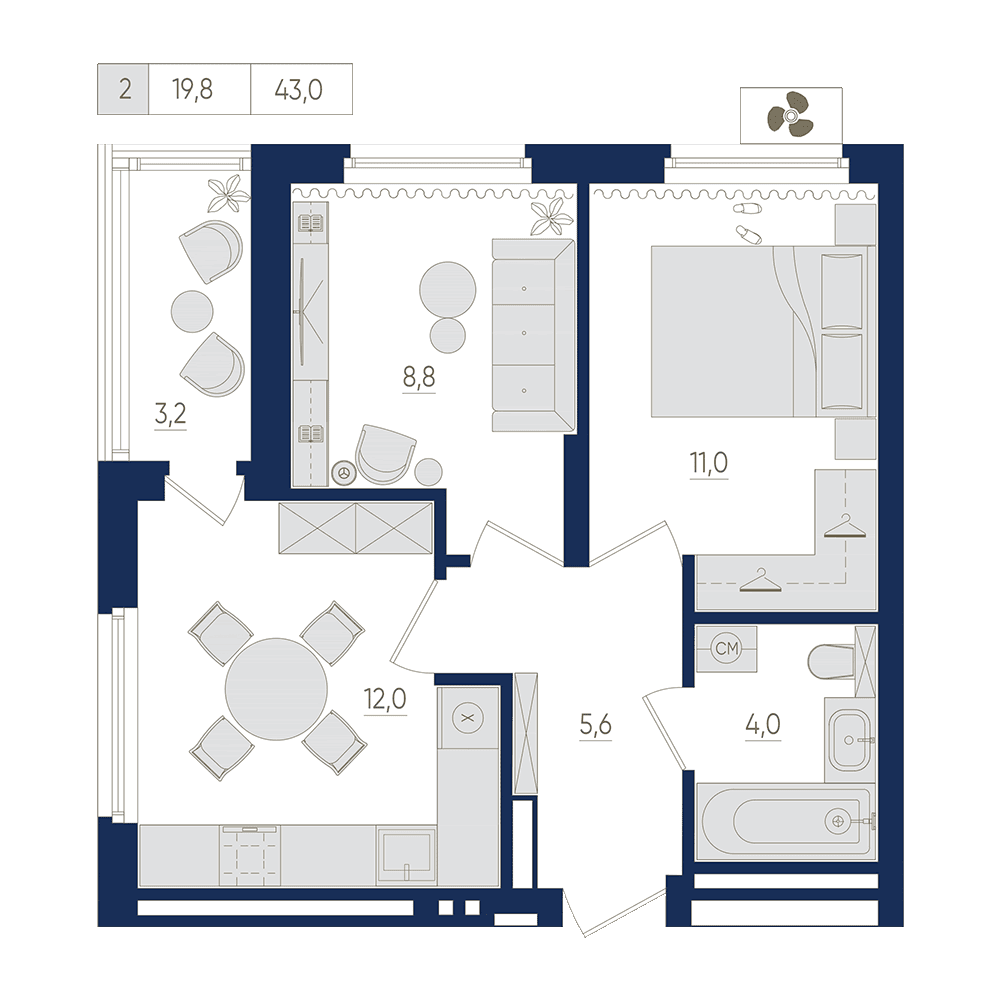 Планировка 2-комн. квартира 43 м²