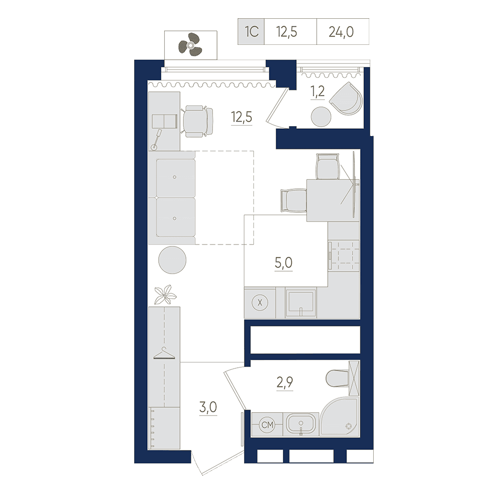 Планировка студия 24 м²